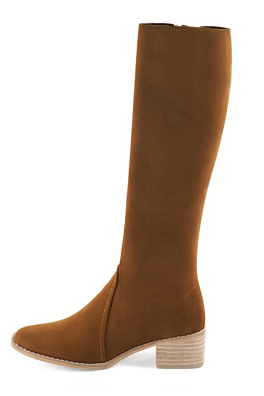 Caramel brown women's riding knee-high boots. Round toe. Low leather soles. Made to measure. Profile view - Florence KOOIJMAN